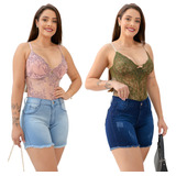 Kit 2 Shorts Jeans Meia Coxa Com Elastano