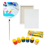 Kit 2 Tela Pintura Branco 15x10cm 6 Tinta Guache 1 Pincel