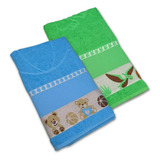 Kit 2 Toalha Banho Aldodão Infantil Criança Bebe Ponto Cruz Cor Menino Azul E Verde