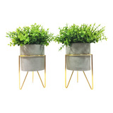 Kit 2 Vasinho Cerâmica C Suporte Linha Dourada E Plantas
