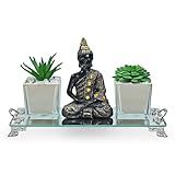 Kit 2 Vasinhos Suculenta Com Bandeja De Vidro E Buda Hindu Buda Preto Bandeja Pés Prata