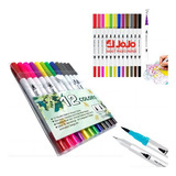 Kit 20 Uni Caneta Brush Pen 12 Cores Duas Pontas Pincel Fina