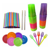 Kit 200 Itens Neon Copos Pratos Garfos Canudos Coloridos