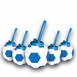 Kit 25 Copos Formato Bola Futebol Com Canudo Azul E Branco