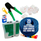 Kit 25mt Cabo Rede Azul Testador Alicate 20 Plugs Rj45 Capa