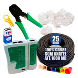 Kit 25mt Cabo Rede Preto Testador Alicate 20 Plug Rj45 Capa
