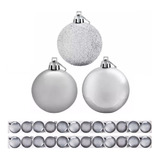 Kit 27 Bolas De Natal 6cm Prata Lisa Mista Pendente Árvore