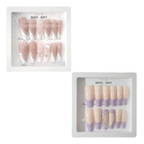 Kit 2cx Unha Postica Decorada Longa Bailarina Almond Strass Cor Nude roxo Decorados