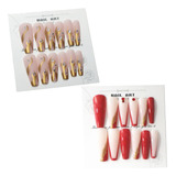 Kit 2cx Unha Postica Decorada Longa Bailarina Almond Strass Cor Nude Vermelho Decorados
