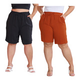 Kit 2pçs Bermuda Feminina Plus Size Cintura Elastica Verão