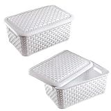 Kit 2UN Cesto Organizador Pequeno Caixa Rattan Cesto C Tampa 7 8L Branca Multifuncional Personal Organizer