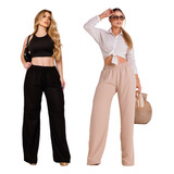 Kit 2x Calças Feminina Pantalona Linho Elástico Modelador