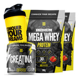 Kit 2x Whey Protein Mega Creatina Fuel 300g Coqueteleira Sabor Morango