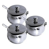 Kit 3 Açucareiros Inox Luxo Colher Tampa Cozinha Café Mesa