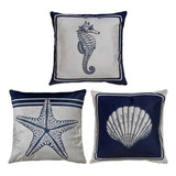Kit 3 Almofada Veludo Mar Praia Concha Estrela Bússola 45x45