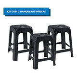 Kit 3 Banquetas Plásticas Banquinho Preto Reforçado Arqplast