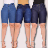 Kit 3 Bermudas Jeans Feminina Ciclista Lycra Cós Alto