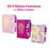 Kit 3 Bíblias Letra Grande Feminina Com Harpa - Botão E Caneta - Edição De Promessas