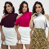 Kit 3 Blusa Ciganinha Manga Curta Gola Alta Vazada Social