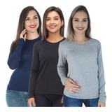 Kit 3 Blusa Feminina Manga Longa Frio Segunda Pele Básica