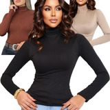 Kit 3 Blusa Feminina Segunda Pele Gola Alta Manga Longa Full