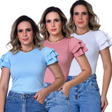 Kit 3 Blusa Feminina Três Marias Babado Plus Size Moda Basic