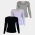 Kit 3 Blusa Manga Longa Comprida Feminina Gola V Basica Lisa