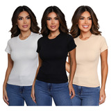 Kit 3 Blusa T shirt Ribana Canelada Camiseta Manga Curta