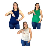 Kit 3 Blusas Amamentação Cores Premium Gravida Tshirt Regata