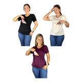 Kit 3 Blusas Amamentação Cores Premium Manga Curta Gola V
