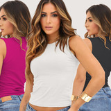 Kit 3 Blusas Básicas Femininas Regata Algodão Com Elastano