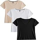 Kit 3 Blusas Blusinhas Feminina Slim Babylook Algodão Gola V M 1 Preto 1 Branco 1 Bege 