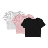 Kit 3 Blusas Cropped Blusinha Camiseta Feminina Lisa