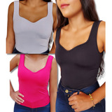 Kit 3 Blusas Feminina Com Bojo Decote Varias Cores Suplex