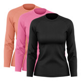 Kit 3 Blusas Feminina Dry Academia Manga Longa Proteção Uv