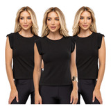Kit 3 Blusas Feminina Manga Muscle Casual Básica Algodão