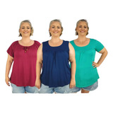 Kit 3 Blusas Plus Size Batas Lisas Modelos Variados Moda