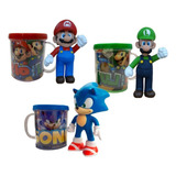 Kit 3 Bonecos - Sonic, Mario E Luigi + Caneca Personalizada