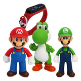 Kit 3 Bonecos Super Mario Luigi Yoshi + 1 Relógio Mário