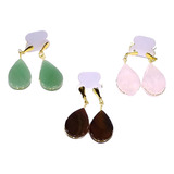 Kit 3 Brincos De Pedras Naturais Quartzo Rosa + Quartzo Verde + Ágata Marrom Folheados A Ouro Ref245