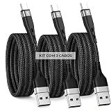Kit 3 Cabos USB C Carregamento Rápido 4-8A- Reforçado Com Nylon Trançado- 1 Metro- Anti-Enrolamento - Ideal Para Viagens- Escritório E Uso Residencial
