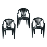 Kit 3 Cadeira Poltrona Plástica Preta Resistente Arqplast