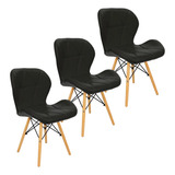 Kit 3 Cadeiras Charles Eames Eiffel Slim Wood Estofada Preta