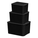 Kit 3 Caixas Organizadoras Rattan Preta Pequena Média Grande