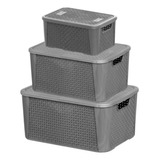 Kit 3 Caixas Organizadoras Tampa Rattan Retangular Cinza