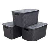 Kit 3 Caixas Plastica Organizadora Rattan C  Tampa 25 Litros