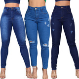 Kit 3 Calça Jeans Feminina Skinny Cintura Alta Com Lycra 