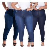 Kit 3 Calça Jeans Plus Size Cintura Alta Com Lycra Skinny