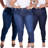 Kit 3 Calça Jeans Plus Size Skinny Feminina Cintura Alta