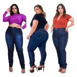 Kit 3 Calças Plus Size Feminina Jeans Lycra Cintura Alta 
